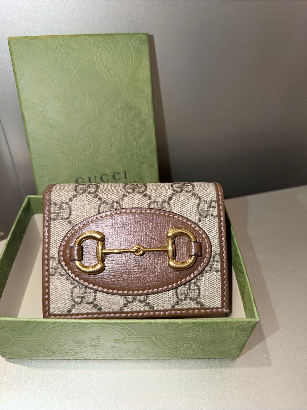 Gucci Beige Gg Canvas And Brown Leather Mini Wallet With Gold Horsebit